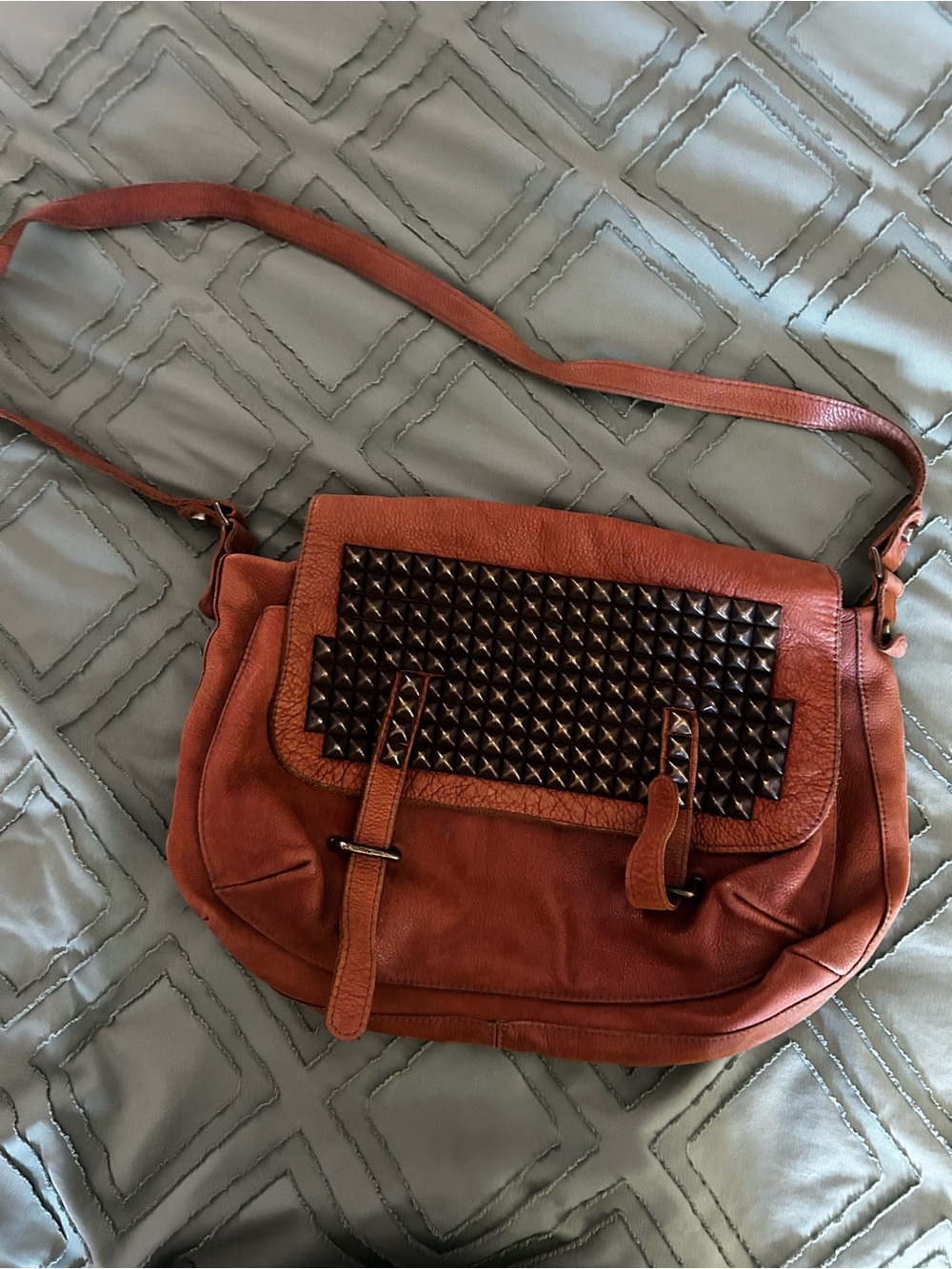 Tylie Malibu Leather Studded Flap Crossbody Bag in Rust Brown